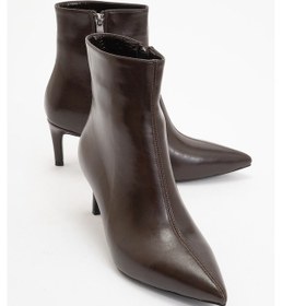 Resim Noya Kahverengi Cilt Sivri Burun Kadın İnce Topuklu Bot Kahverengi Deri 