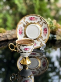 Resim 6 Kişilik 24k Altın Yaldızlı Porselen Lüx Kahve Fincanı Takımı Çiçek Desenli Altın 