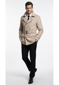 Resim Erkek Kemerli Trençkot Mont Kaşe Kumaş, Kapitone Astarlı, Çift Düğmeli Premium Tasarım Bej 