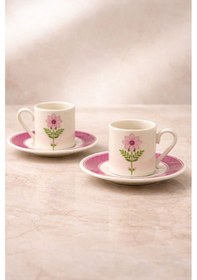Resim 2 Kişilik Porselen Mor Papatya Desenli Kahve Fincan Takımı Seti 90ml Beyaz 