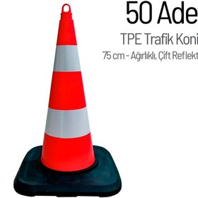 Resim İleri Trafik 50'li TPE Trafik Konisi Seti 75 cm Ağırlıklı Çift Reflektifli Trafik Dubası 
