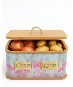 Resim Dekorasyaa 2 Bölmeli Patates Soğanlık - Bambu - Dikdörtgen Flamingo Desen Pembe 