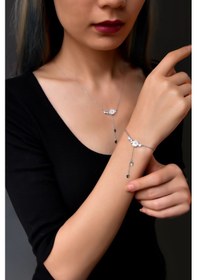 Resim Papatya Silver 925 Ayar Gümüş Rodyum Kaplama Zincir Sallantılı Taşlı Sedef Manolya Çiçeği Kolye ve Bileklik Set 