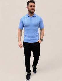 Resim Barlashive Erkek Yazlık Triko Dokuma Tişört Kısa Kol Polo Yaka T-shirt - Bebek Mavisi Çok Renkli 