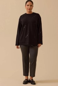 Resim Galaxi Kadın Büyük Beden Nakış Detaylı Boncuklu Sweatshirt 4005 Siyah Siyah 
