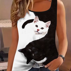 Resim Kadınlar İçin Şık Siyah Beyaz Kedi Desenli 3D Geometrik Baskılı Rahat Atlet – Kolsuz Yuvarlak Yaka, Esnek Polyester Karışımı, Makinede Yıkanabilir, İlkbahar/Yaz Modası, Pürüzsüz Kumaş Yüzey, Kedi Desenli Yazlık Tişört 