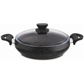 Resim Granit Pro 28 Cm Basık Granit Güveç Tencere Siyah Bakalit Saplı Cam Kapaklı Yapışmaz 