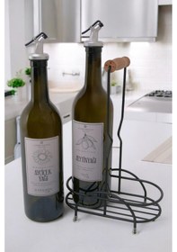 Resim Digithome Petra 2'li Siyah Metal Standlı Ahşap Saplı Yağdanlık Seti Gümüş Etiketli Amber Yağlık 750 Ml Siyah 