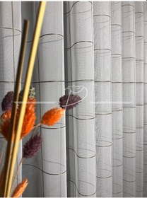 Resim Tül Perde Gülal Desen Kareli Çizgili Etek Kurşunlu Düz Tül Ekru 