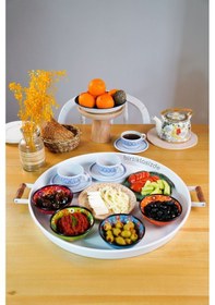 Resim Kitchen Trend Metal Ahşap Kulplu Yuvarlak Tepsi 51 CM Beyaz 