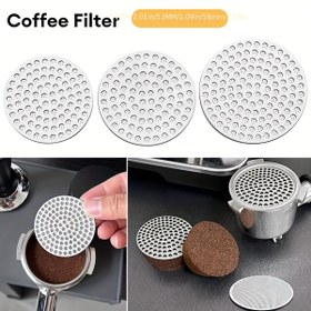 Resim Paslanmaz Çelik Kalınlaştırılmış Çift Katmanlı Yeniden Kullanılabilir Kahve Filtresi Ekranı ve Espresso Kahve Puck Ekran Standı, 51mm/53mm/58mm, Isı Tel Örgü Ekranı, Gıda Teması ile, Portafiltre Sepeti için, Espresso Aksesuarları, Elektrik Gerektirmez 