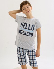 Resim Vitmo Erkek Çocuk Kısa Kollu Kapri %100 Pamuklu Pijama Takımı Hello Weekend KARMELANJ 