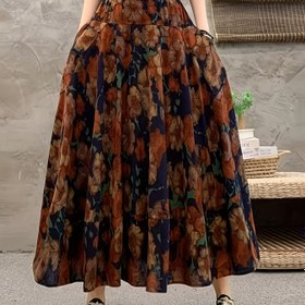 Resim Oriented Vintage Baskılı Esnek Yüksek Bel ve Tam Etekli Gevşek Yarım Etek 