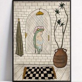 Resim 1 Adet Tuval Poster, Banyo Tuval Poster, Retro Sanat, Banyo Yaparken Kurbağa Poster Duvar Sanatı Oturma Odası İçin, Yatak Odası İçin Duvar Dekoru, Ev Odası Dekoru, Çerçevesiz 