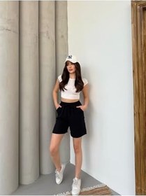 Resim Ozy Fashion Lacivert,Müslin Kumaş,Cepli,Beli Lastikli,Kadın Midi Boy,Yazlık Şort - 