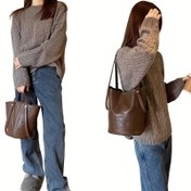 Resim Kadınların Vintage Kahve Çantası, Düz Renk, Çıkarılabilir Askı, Kapanmayan, Polyester Astarlı, Kenar Boyalı, Günlük Seyahat için Rahat Omuz ve Çapraz Çanta 