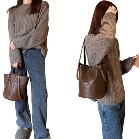 Resim Kadınların Vintage Kahve Çantası, Düz Renk, Çıkarılabilir Askı, Kapanmayan, Polyester Astarlı, Kenar Boyalı, Günlük Seyahat için Rahat Omuz ve Çapraz Çanta 