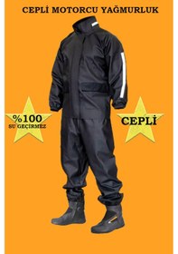 Resim Cepli Su Geçirmez Ekstra Esnek Motorcu Yağmurluk Takım Siyah 