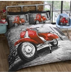 Resim Vespa Çift Kişilik 4 Parça Saten & Pamuk Nevresim Takımı Açık Gri 