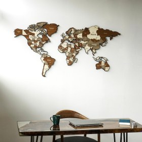 Resim 3D Ahşap Dünya Haritası - Dekoratif Metal & Ahşap Duvar Dekoru (Karma) - 110x64 cm / Ceviz 