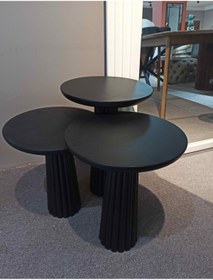 Resim Simillo Home&Living Wood Siyah 3’lü Set Mantar Yan Sehpa Fiskos Çiçeklik Decorative 