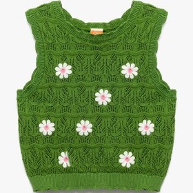 Resim Kız Bebek Çiçek Nakış Detaylı Bisiklet Yaka Pamuklu Triko Crop Atlet 