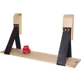 Resim Doğal Ahşap Duvar Deri Kemerli Raf Kitaplık Süs rafı 50cm 