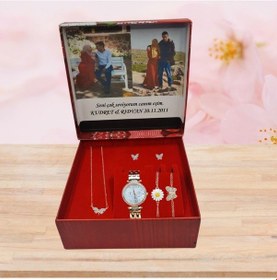 Resim Kutu Kapak Yazılı Kadın Hediye Seti Saat-bileklik-kolye-küpe 