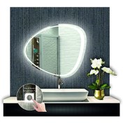 Resim GLOBAL LED MIRROR 70 Cm Çapında Dokunmatik Ledli Kumlamalı Asimetrik Banyo Aynası Dekoratif Makyaj Aynası Ledli Yatay 