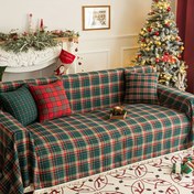 Resim Noel Koltuk Havlusu Amerikan Retro Festival Kırmızı ve Yeşil Izgara Tam Kapak Püsküllü Koltuk Örtüsü Kumaş Havlu 1 adet 