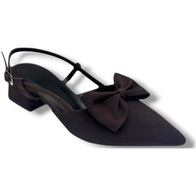 Resim C-shoes Eu141-26 Saten Papyonlu Kısa Kare Topuk Arkası Açık Kadın Ayakkabı Kahverengi 