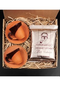 Resim Çömlek Toprak Kahverengi Sırlı El Yapımı 2'li Türk Kahvesi Fincan Takımı Seti 