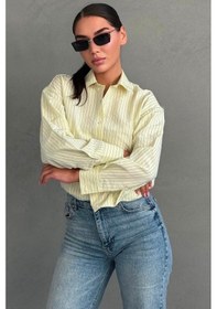 Resim Madmext Sarı Çizgili Oversize Kadın Gömlek Mg2732 