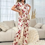 Resim Kadınların Çiçek Desenli Saten Zarif Pijama Takımı, Kısa Kollu Düğmeli Yaka Üst ve Pantolon, Rahat Bol Kesim 