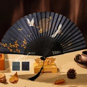Resim Geleneksel Japon Turna & Püskül Desenli Katlanır Yelpaze - Şık Siyah ve Altın Renkli El Aksesuarı, Düğünler, Gelin Partileri, Kültürel Performanslar İçin | Dayanıklı Plastik Sanat Eseri, Ev Dekoru, Babalar Günü Hediyesi, Düğün Süslemeleri, İnce İşçilik 