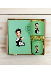 Resim Bk Gift Kişiye Özel Dtf The Baba Karikatürlü Yeşil Defter + Kahve Fincanı + Mum Seti 3 