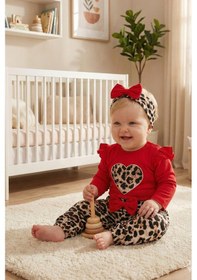 Resim Babymod Leopar Desenli 3'lü Pamuklu Kız Bebek Takım Set Kırmızı 