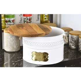 Resim Metal Ekmeklik Ahşap Kesme Tahtalı Hasır Kulplu Ekmeklik Beyaz 