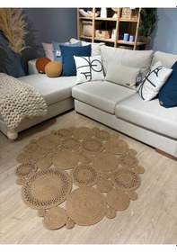 Resim Mavaux Harmony Jüt Doğal Hasır Kilim Bej Geometrik Bohem Yuvarlak El Örmesi Halı Bej 