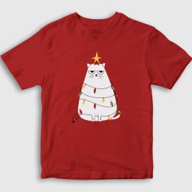 Resim Presmono Unisex Çocuk Kırmızı Huysuz Kedi Yılbaşı T-Shirt 