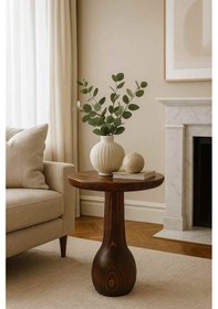 Resim Meşe Renk Masif Ahşap Mantar Sehpa Tekli Dekoratif Yan Sehpa Kahverengi 