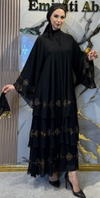 Resim Üç Katlı Gold Çiçek Taşlı Siyah Şifon Abaya Şal Dahil | TM33 GSB - 2XL / Siyah 