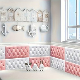 Resim 6 adet Kendinden Yapışkanlı Yatak Başucu Yastıkları, Beyaz Yastık Duvar DIY Büyük Yatak Odası Yastığı, Oturma Odası için Uygun, 3D Kendinden Yapışkanlı Duvar Çıkartmaları - Kalın Ses Yalıtımı Elmas Desenli Vinil Tatami Zemin, Ev veya Ofisleri Kolayca Dönüştürmek, Kolay Kurmak 