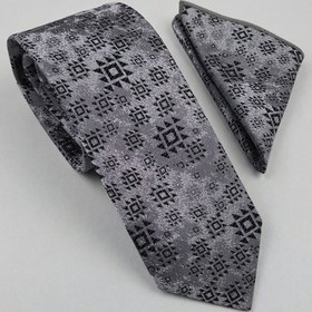 Resim Motif Desen Batik Gri Siyah Kravat & Mendil 