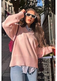 Resim Madmext Pembe V Yaka Oversize Kadın Triko Kazak Mg2149 Pembe 