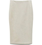 Resim Kadın Kalem Etek Kalça Sarılı Etek Sırt Düz Renk Süet Yüksek Bel Yırtmaç Tasarım Fermuarlı Pat Diz Boyu Beyaz 