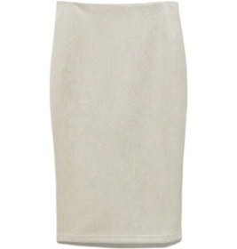 Resim Kadın Kalem Etek Kalça Sarılı Etek Sırt Düz Renk Süet Yüksek Bel Yırtmaç Tasarım Fermuarlı Pat Diz Boyu Beyaz 