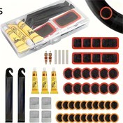 Resim 55 adet Yüksek Kaliteli Bisiklet Lastik Tamir Aracı Seti, 20 adet Lastik Yama, 4 adet Vana Hortumu, 4 adet Yalama Parçası, 2 adet Vana Nüvesi ve 2 adet Çekiç Barı Dahil. 