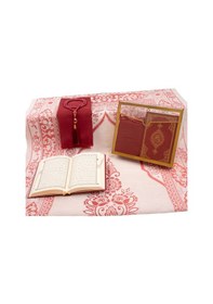 Resim Şal + Seccade + Tesbih + Kuran Hediye Seti Çanta Boy, Asetat Çanta, Bordo 