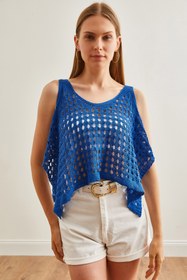 Resim Olalook Kadın Saks Mavi Ajurlu Crop Bolero Triko Bluz BLZ-19002687 